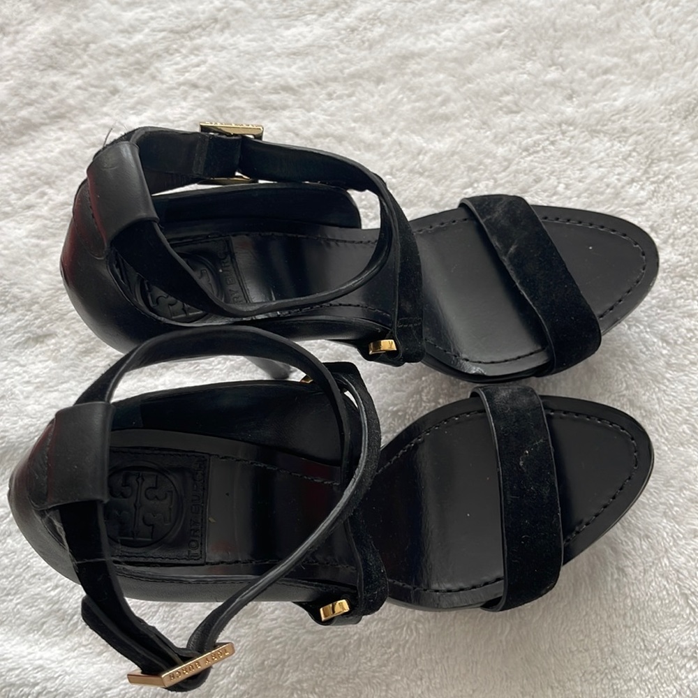 Tory Burch Emmanuelle Black High Heeled Sandal Strappy Flower Sequin Satin Heels